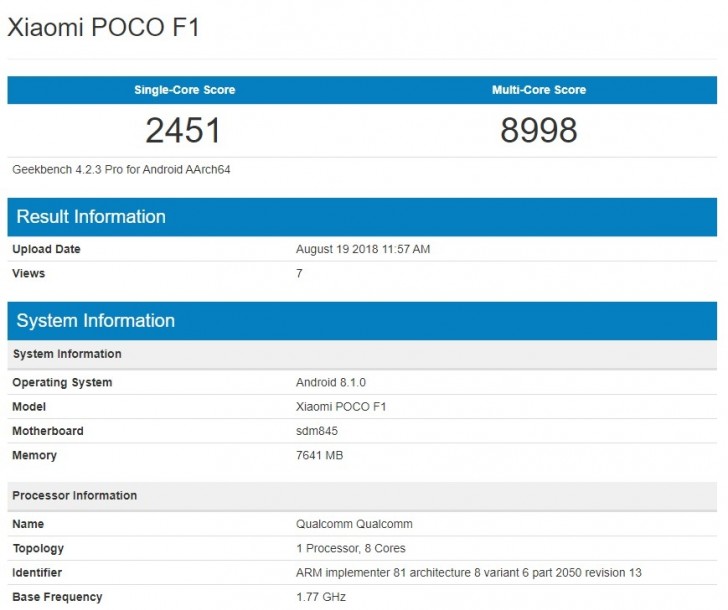 Xiaomi Pocophone F1 with 8 GB RAM appears on Geekbench