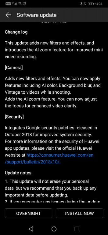 Huawei Mate 20 Pro update adds AI Zoom/Color for video recording, October security patch