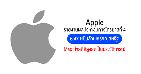 Apple รายงานผลประกอบการไตรมาสที่ 4 อยู่ที่ 6.47 หมื่นล้านเหรียญสหรัฐ